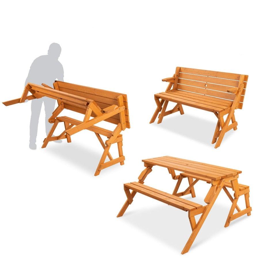 Outdoor Interchangeable 2 in 1 Multi-Use Wooden Picnic Table Garden Bench Umbrella Hole - PRHOMZ