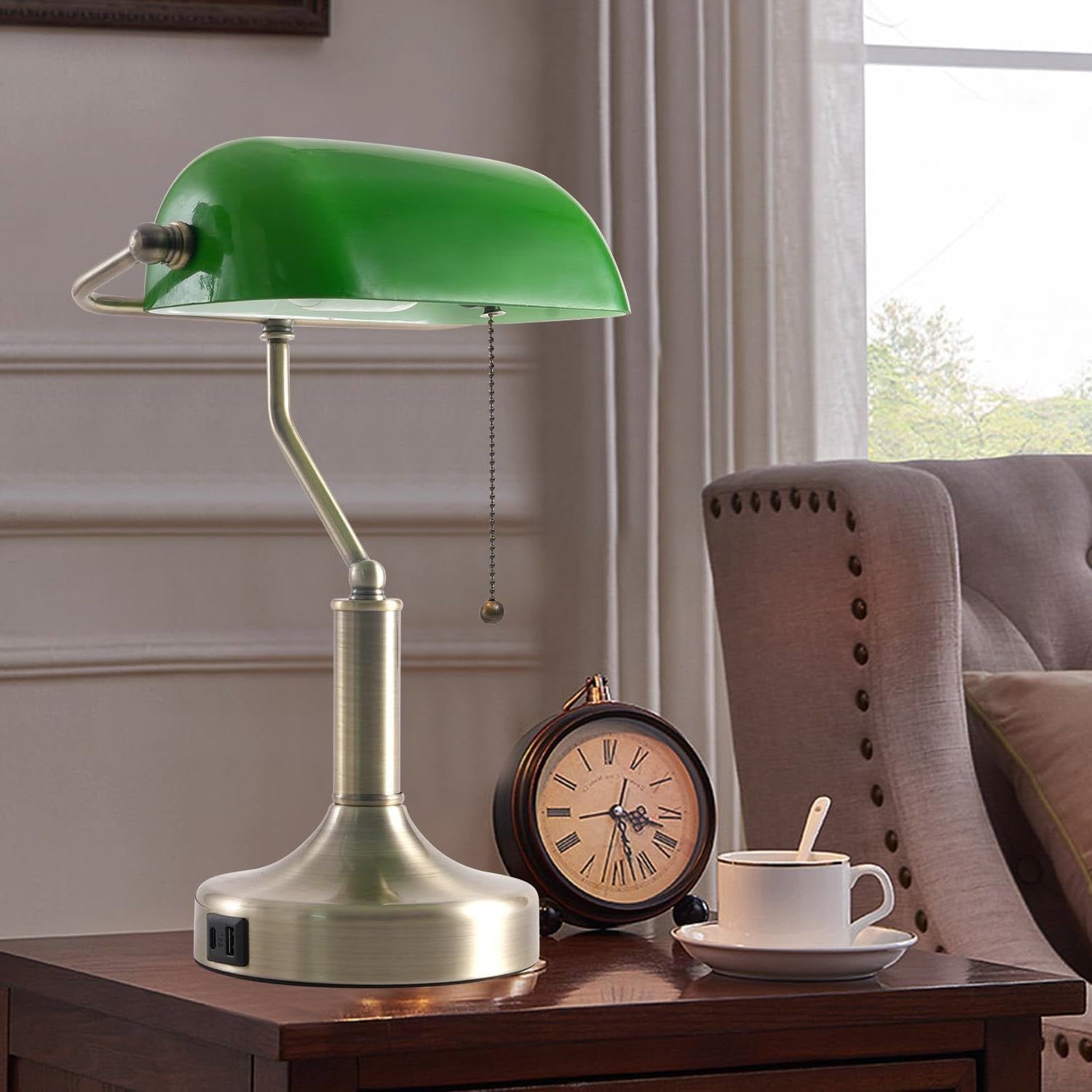 Traditional Bankers Desk Lamp Table Light with Green Glass Shade and USB Ports-0