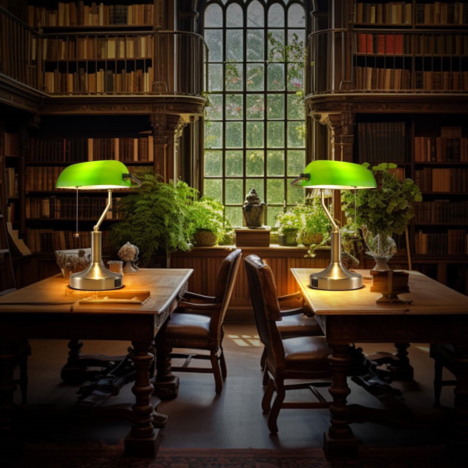 Traditional Bankers Desk Lamp Table Light with Green Glass Shade and USB Ports-1