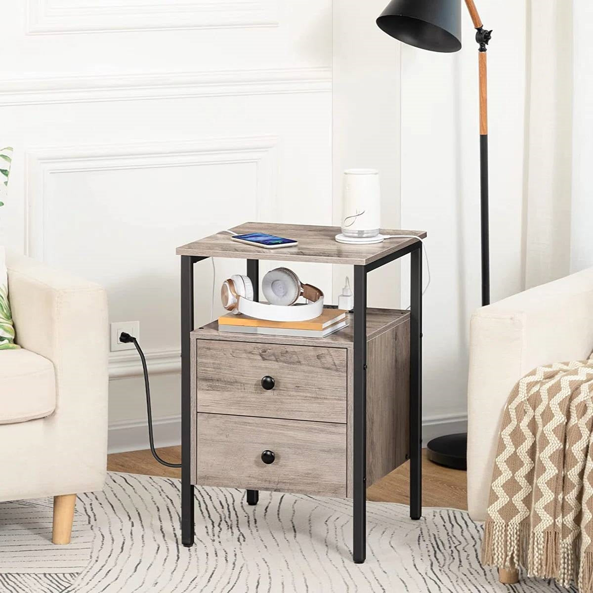 Modern Black Metal Nightstand with Grey Wood Finish Drawers and Shelf-1