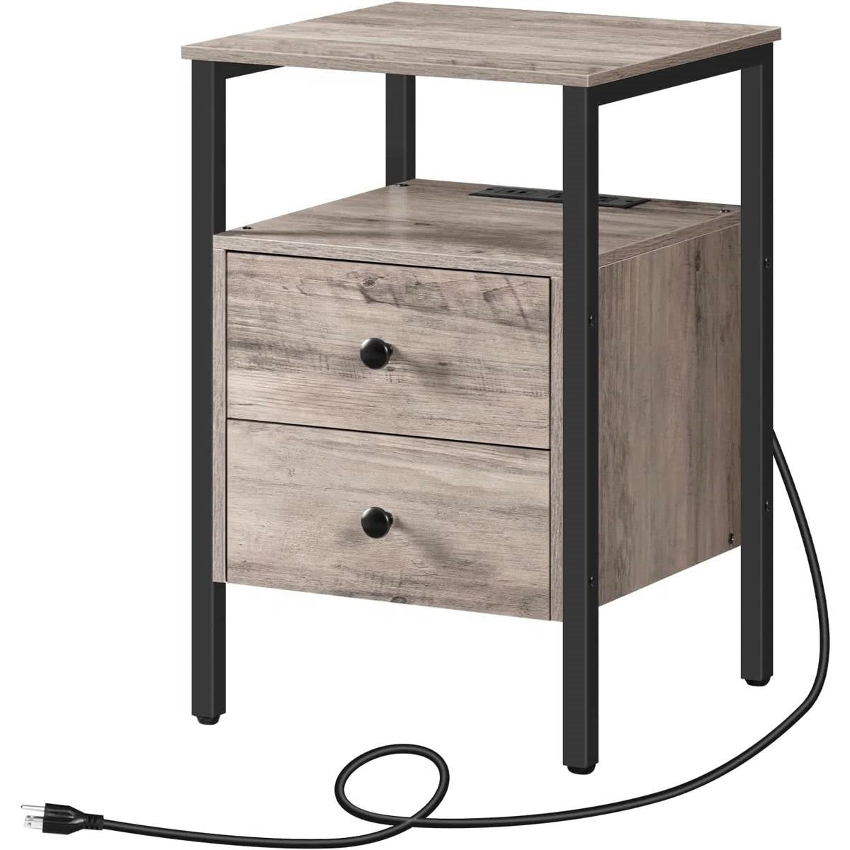 Modern Black Metal Nightstand with Grey Wood Finish Drawers and Shelf-4