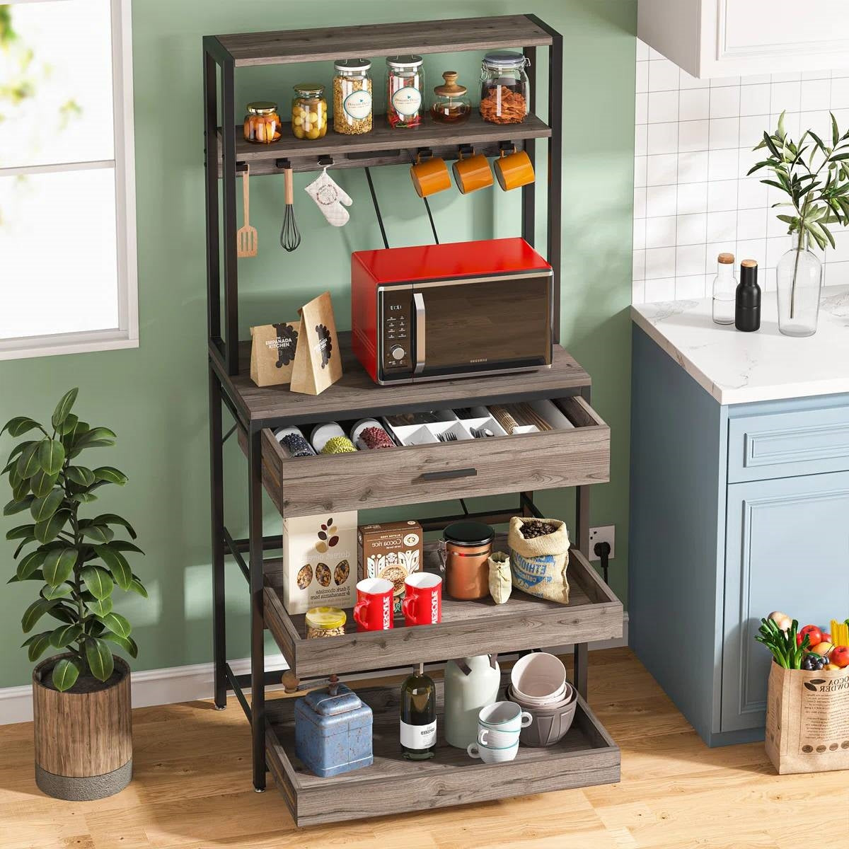 Grey Modern Baker's Rack Kitchen Shelving Unit with Pull-Out Shelves and Drawer-1