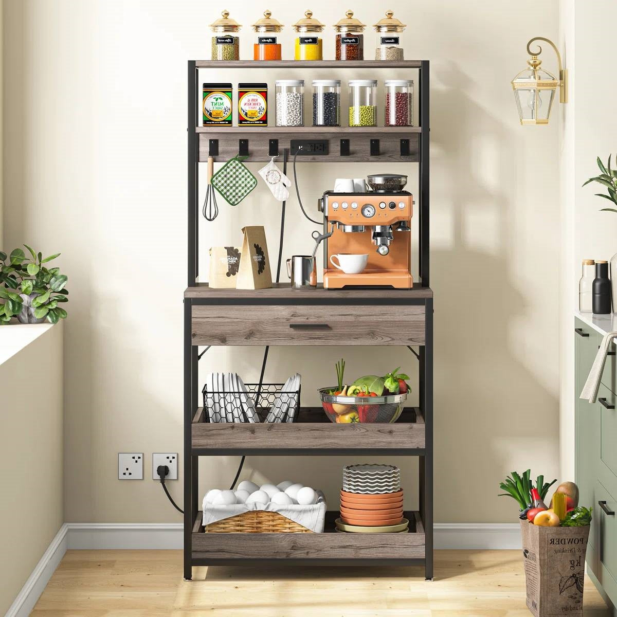 Grey Modern Baker's Rack Kitchen Shelving Unit with Pull-Out Shelves and Drawer-3
