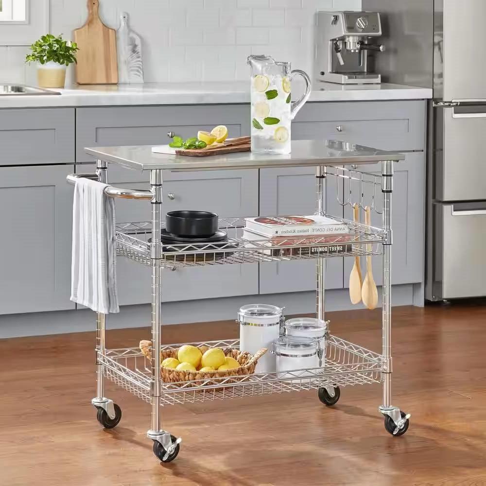Kitchen Island Cart with Stainless Steel Top and 2 Bottom Storage Shelves - PRHOMZ