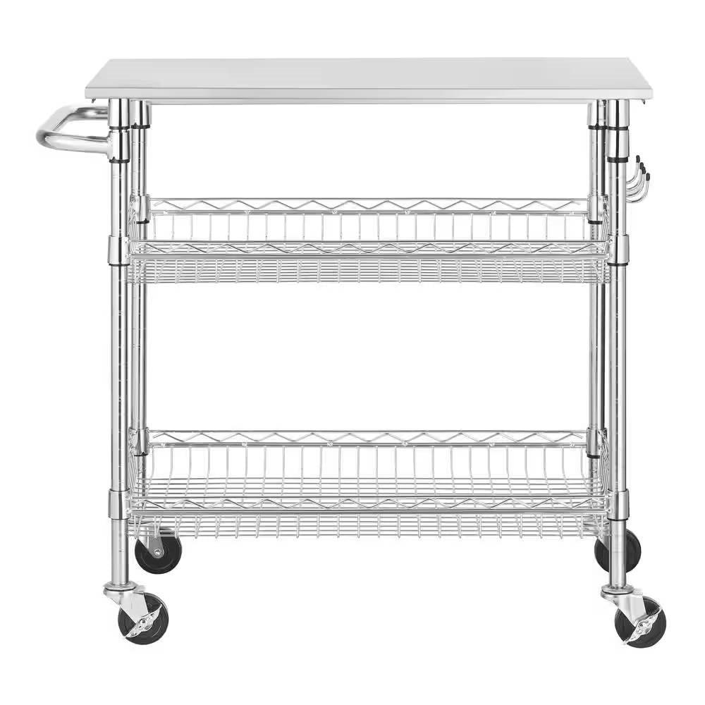 Kitchen Island Cart with Stainless Steel Top and 2 Bottom Storage Shelves - PRHOMZ