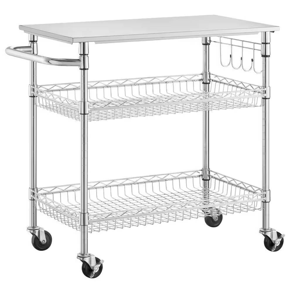 Kitchen Island Cart with Stainless Steel Top and 2 Bottom Storage Shelves - PRHOMZ