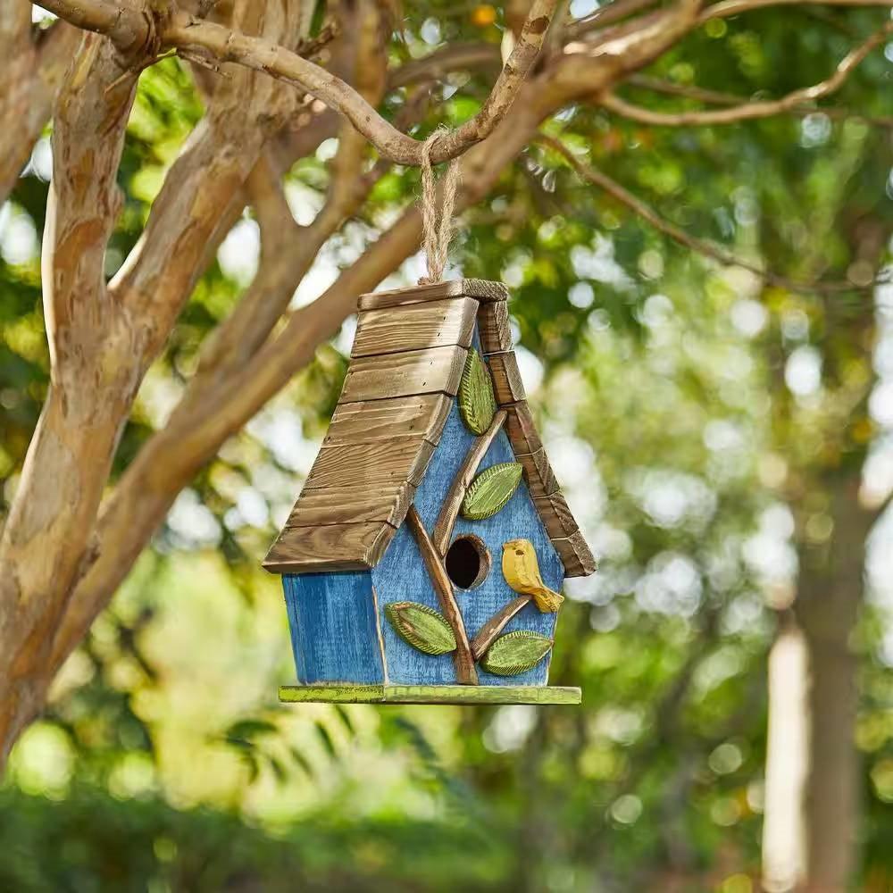 Farmhouse Solid Wood Hanging Birdhouse in Blue Green Yellow Brown - PRHOMZ