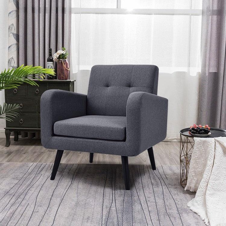 Mid-Century Modern Grey Linen Upholstered Accent Chair with Wooden Legs - PRHOMZ