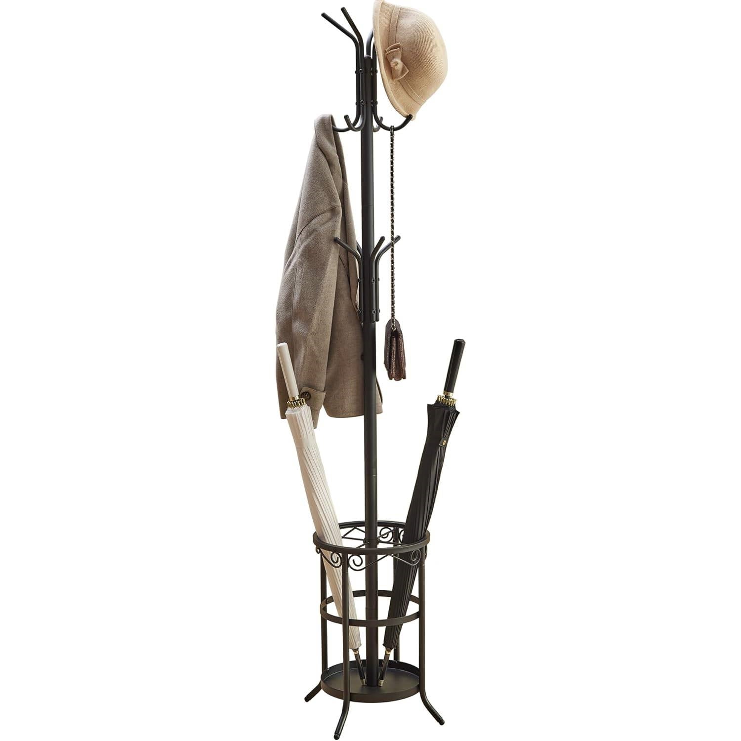 Black Metal Entryway Coat Rack Hall Tree with Umbrella Stand-1