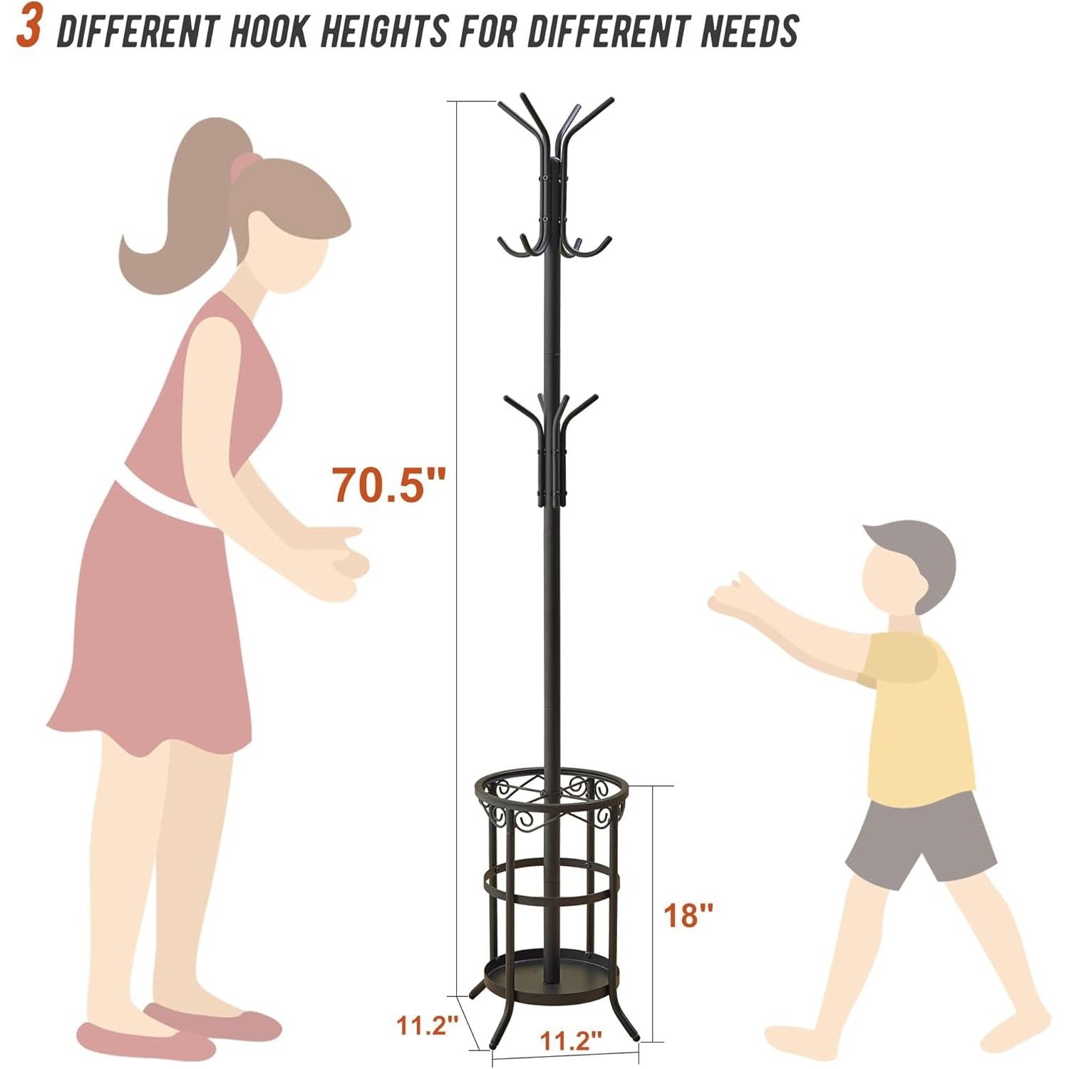 Black Metal Entryway Coat Rack Hall Tree with Umbrella Stand-4