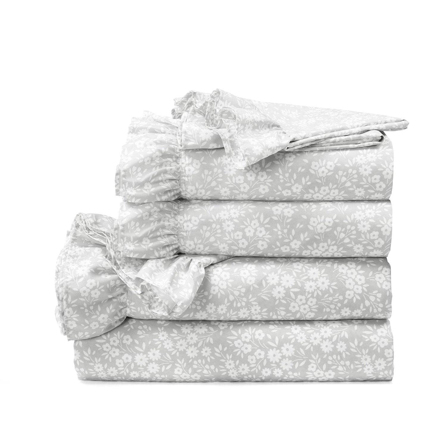 Queen size Grey Ruffle Floral Polyester 6 Piece Sheet Set - PRHOMZ
