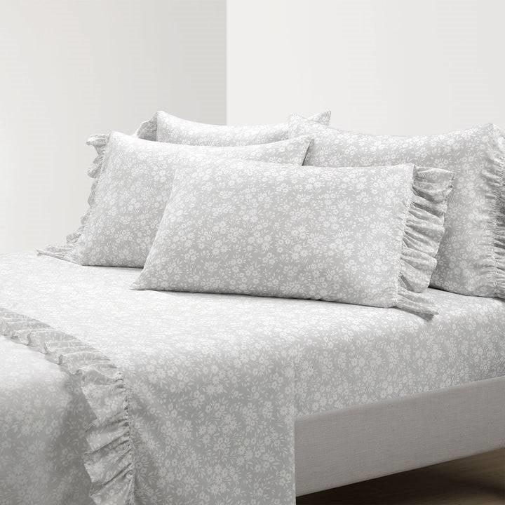 Queen size Grey Ruffle Floral Polyester 6 Piece Sheet Set - PRHOMZ