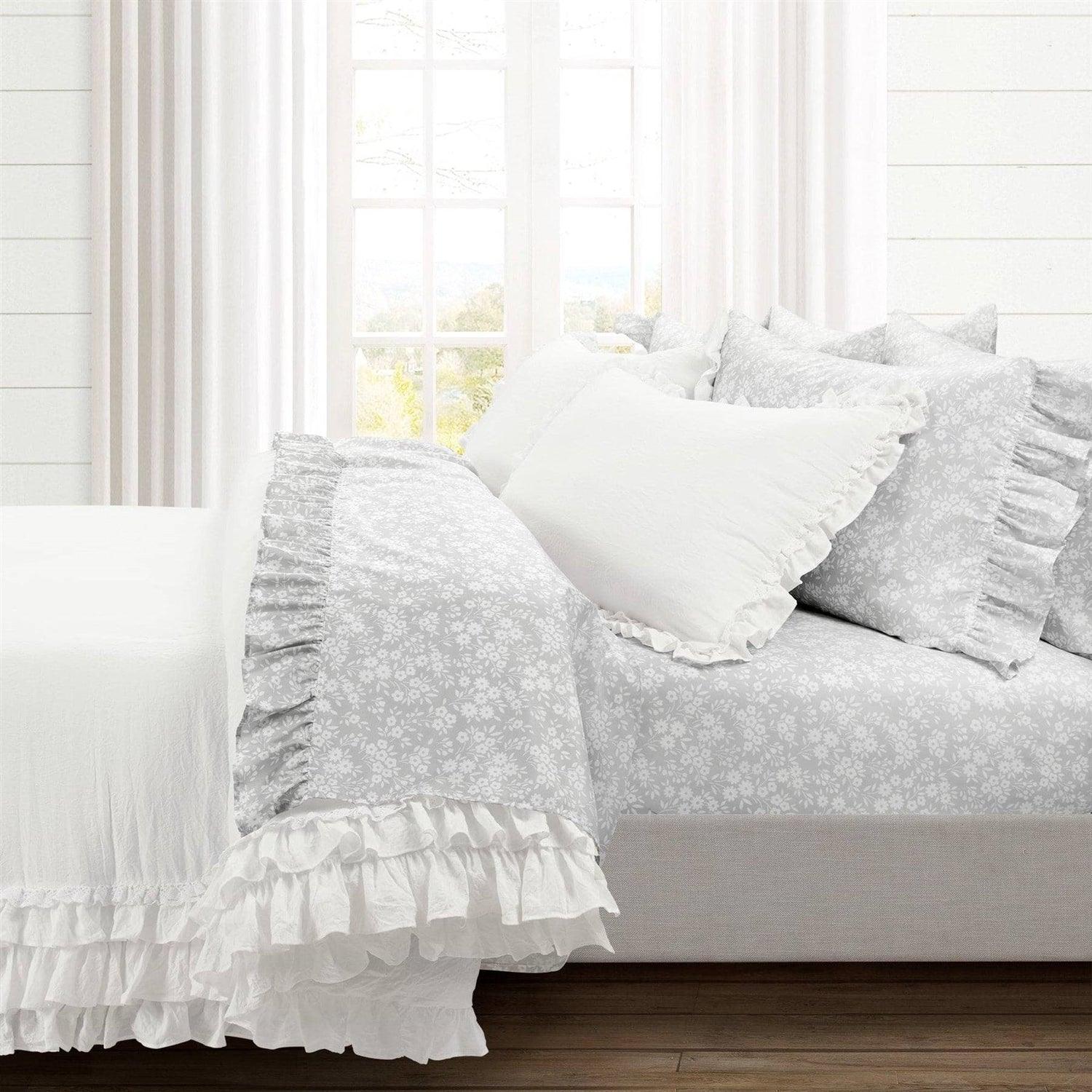 Queen size Grey Ruffle Floral Polyester 6 Piece Sheet Set - PRHOMZ