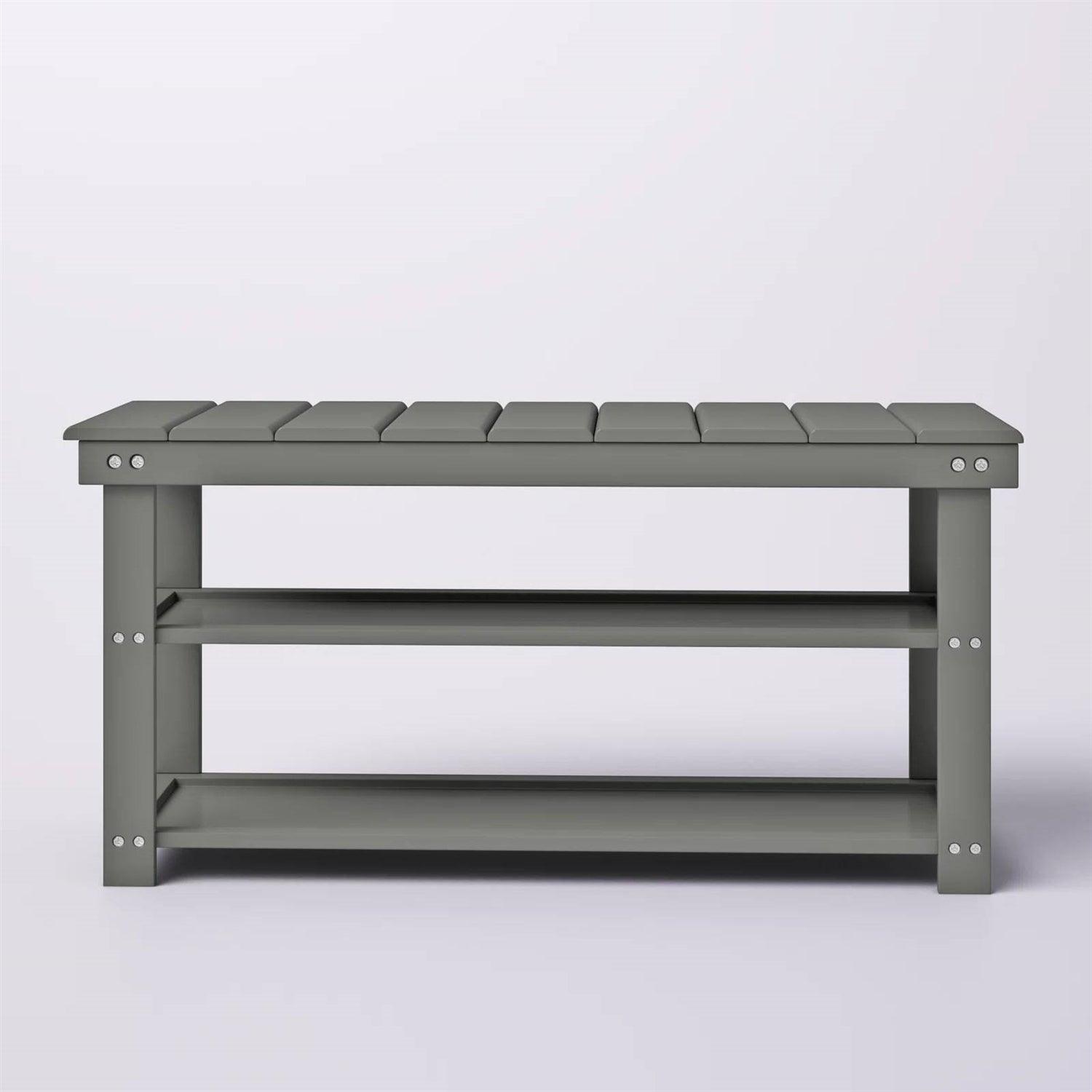 Grey Wood 2-Shelf Shoe Rack Storage Bench For Entryway or Closet - PRHOMZ