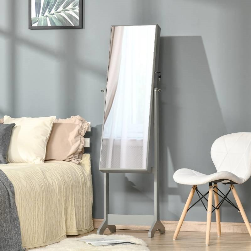 2-in-1 Jewelry Storage Cabinet Full Length Mirror in Gray Wood Finish - PRHOMZ