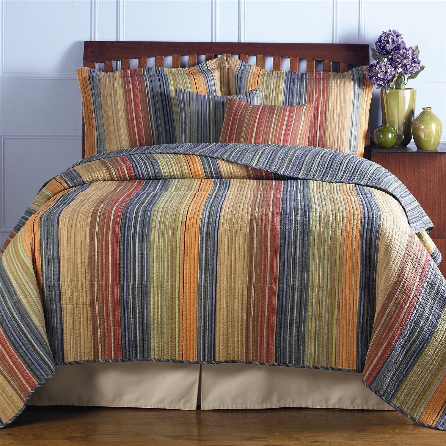 Full / Queen 100% Cotton Quilt Set with Red Orange Blue Brown Stripes - PRHOMZ