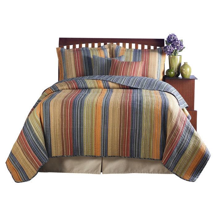 Full / Queen 100% Cotton Quilt Set with Red Orange Blue Brown Stripes - PRHOMZ