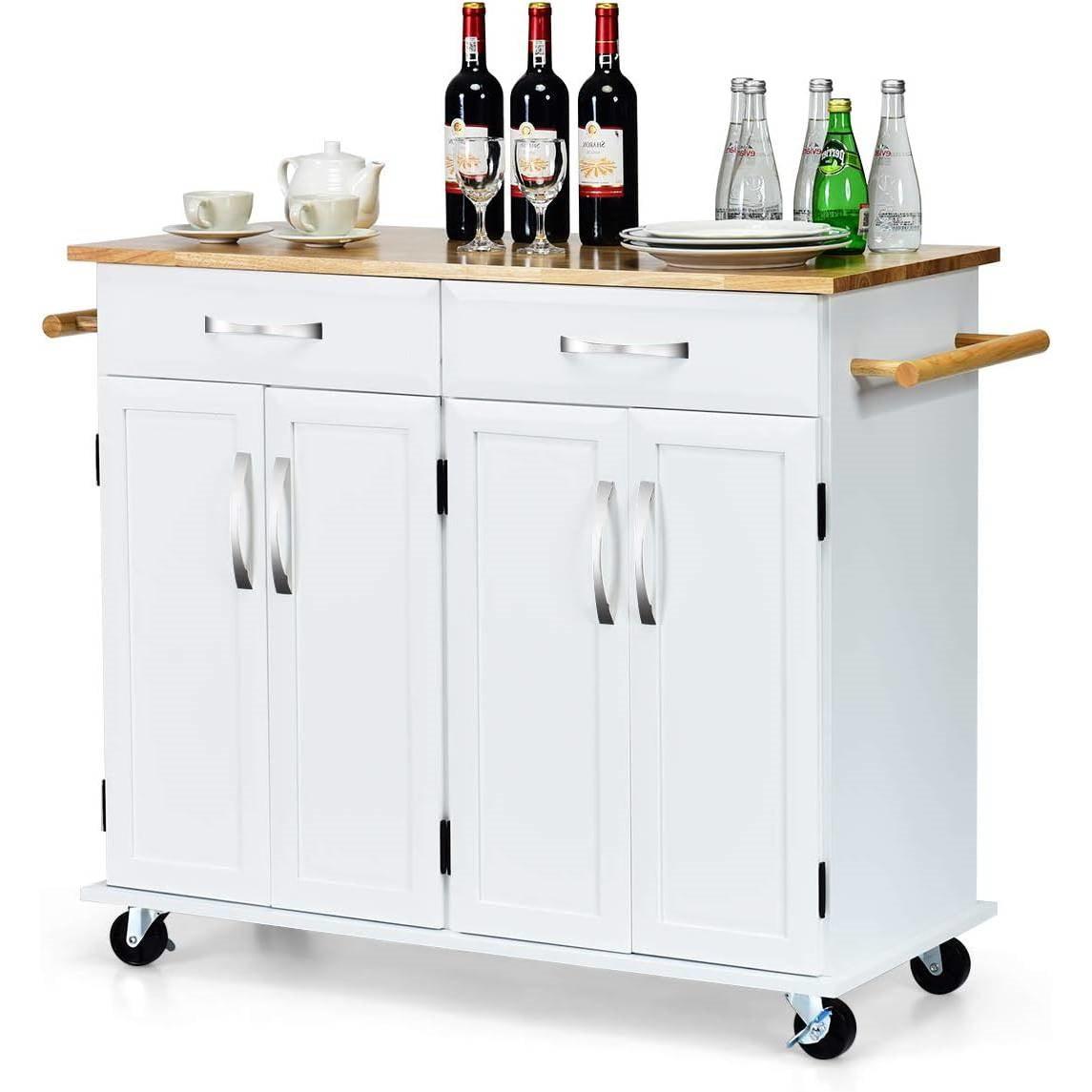 White Kitchen Cart Island with Wood Top 2 Drawers and Bottom Storage Cabinet - PRHOMZ