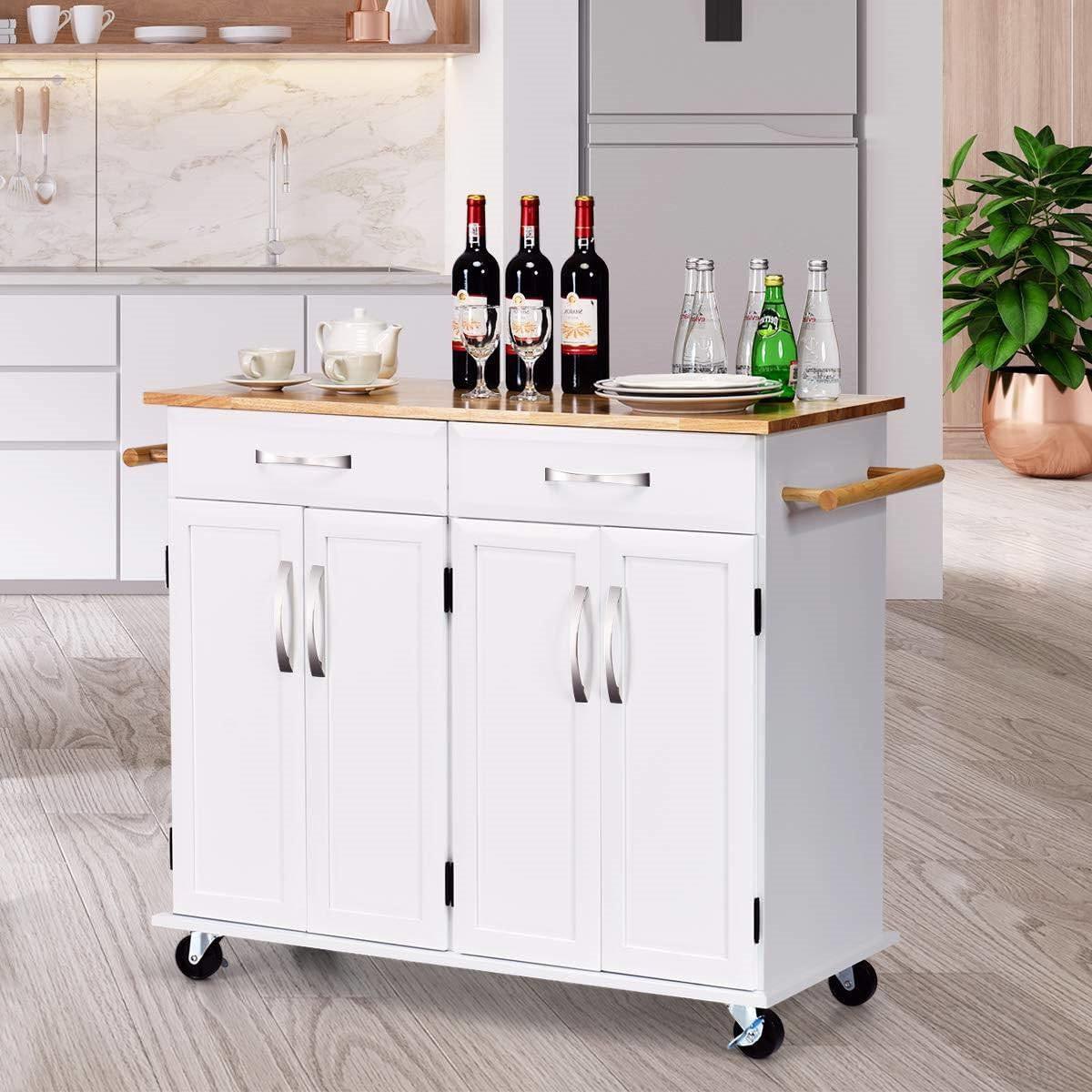 White Kitchen Cart Island with Wood Top 2 Drawers and Bottom Storage Cabinet - PRHOMZ