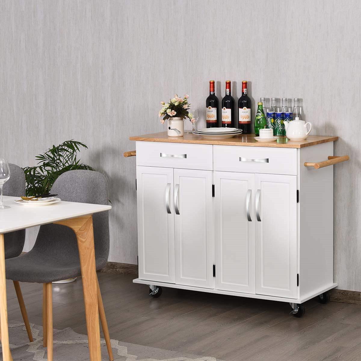 White Kitchen Cart Island with Wood Top 2 Drawers and Bottom Storage Cabinet - PRHOMZ
