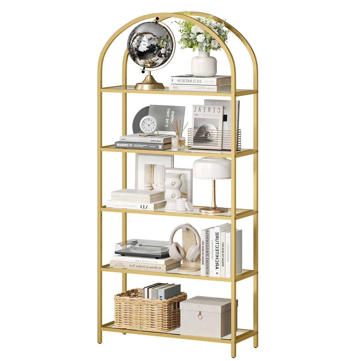 Modern Gold Metal Arched Top Display Rack Bookcase with 5 Glass Storage Shelves