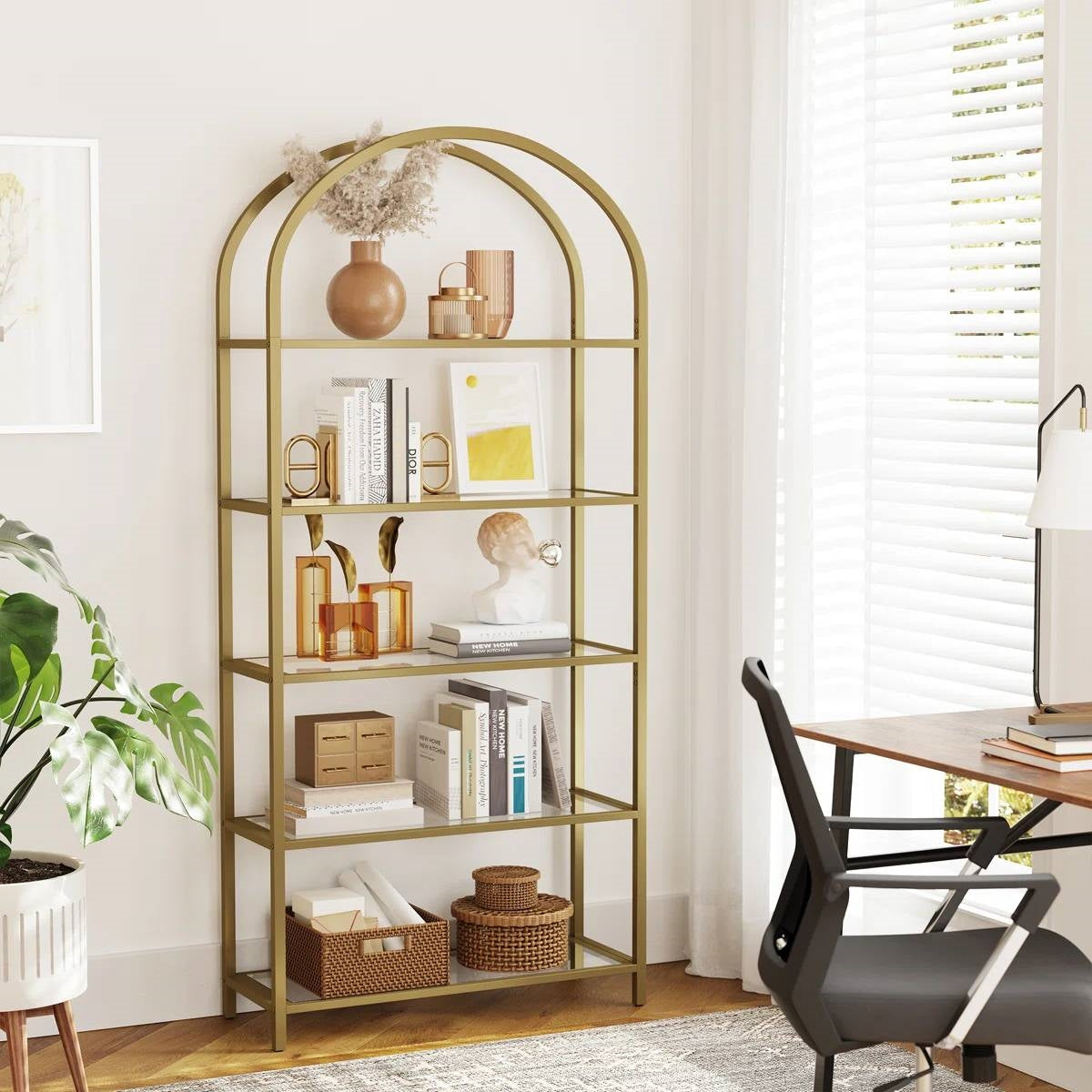 Modern Gold Metal Arched Top Display Rack Bookcase with 5 Glass Storage Shelves