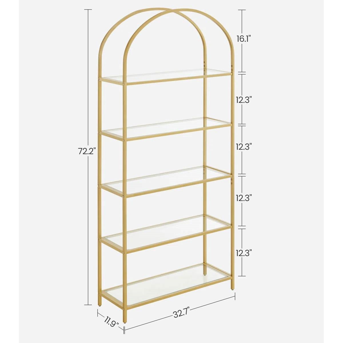 Modern Gold Metal Arched Top Display Rack Bookcase with 5 Glass Storage Shelves-4