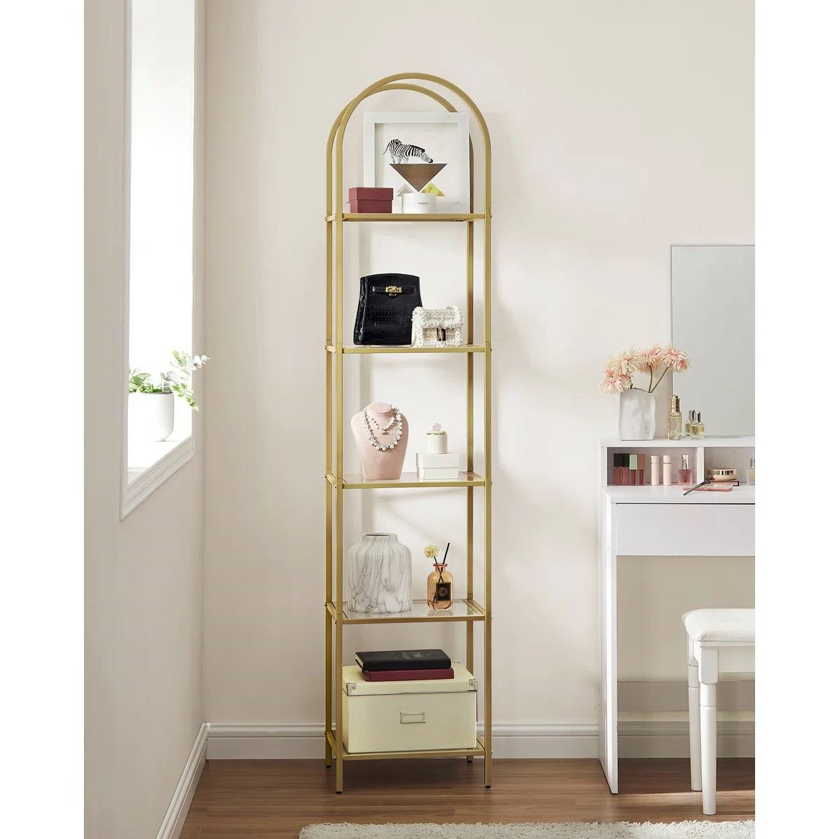 Arched Top Gold Metal Display Rack Narrow Bookcase with 5 Glass Storage Shelves-1