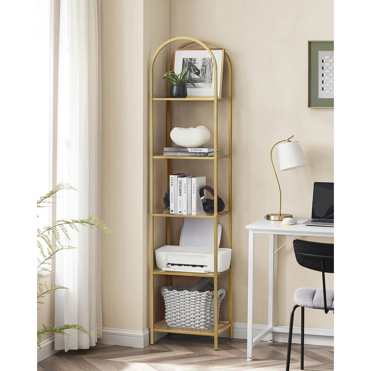 Arched Top Gold Metal Display Rack Narrow Bookcase with 5 Glass Storage Shelves-2