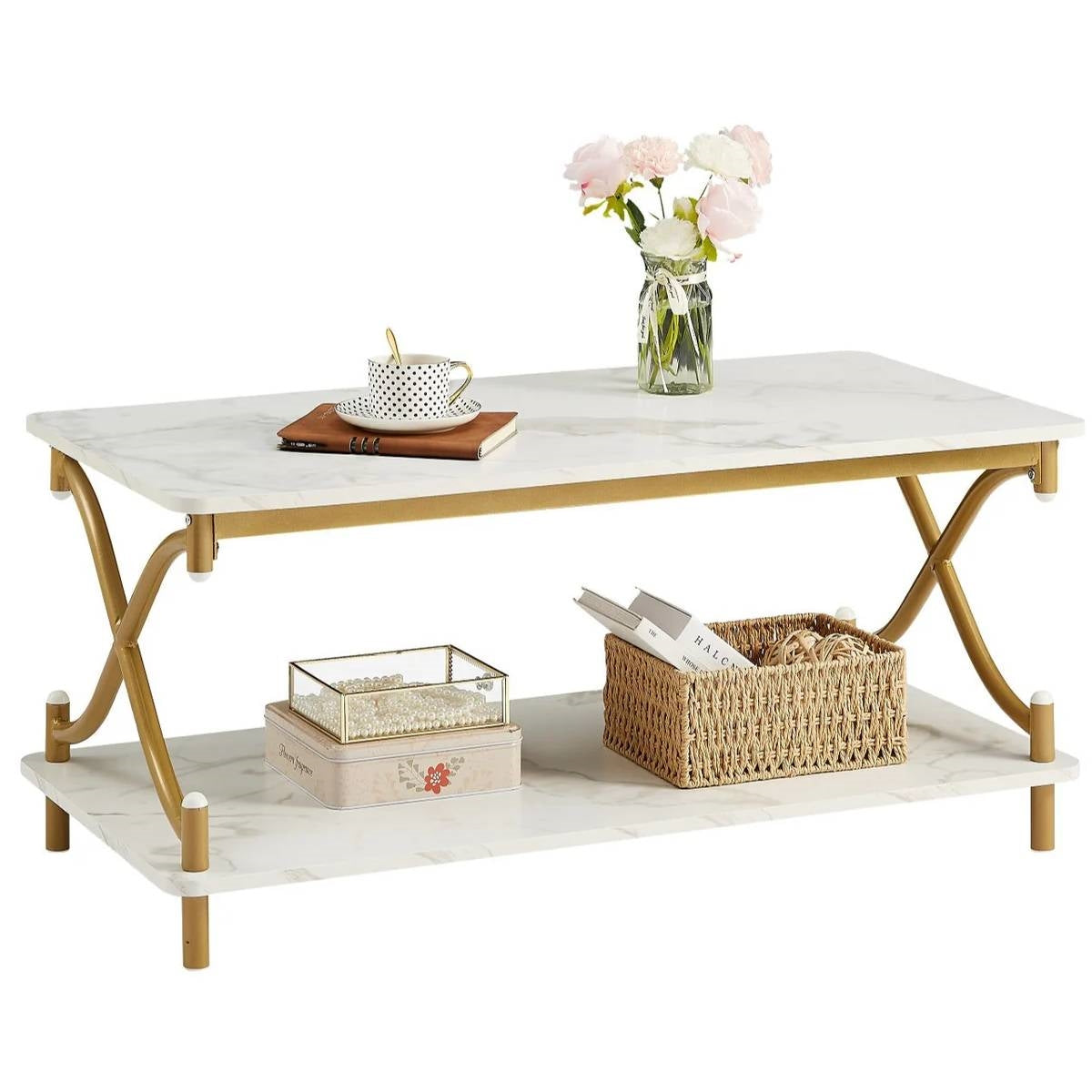 White Faux Marble Coffee Table with Gold Metal Frame and Bottom Storage Shelf-0