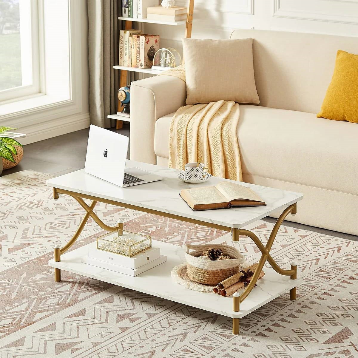 White Faux Marble Coffee Table with Gold Metal Frame and Bottom Storage Shelf-1