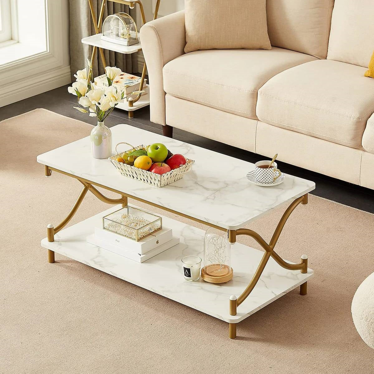 White Faux Marble Coffee Table with Gold Metal Frame and Bottom Storage Shelf-3