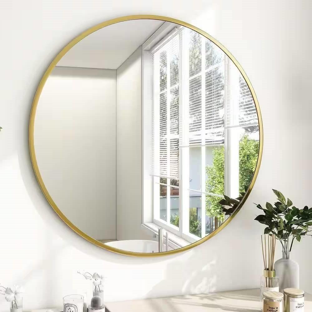 Round 30-inch Circular Bathroom Wall Mirror with Gold Frame - PRHOMZ