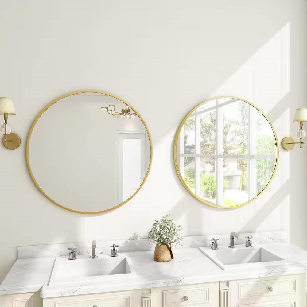 Round 30-inch Circular Bathroom Wall Mirror with Gold Frame - PRHOMZ