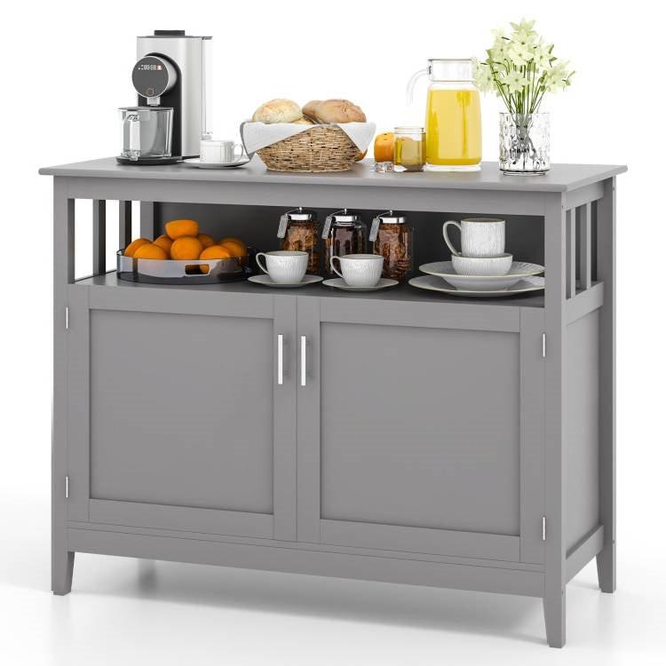 Grey Wood 2-Door Dining Buffet Sideboard Cabinet with Open Storage Shelf - PRHOMZ