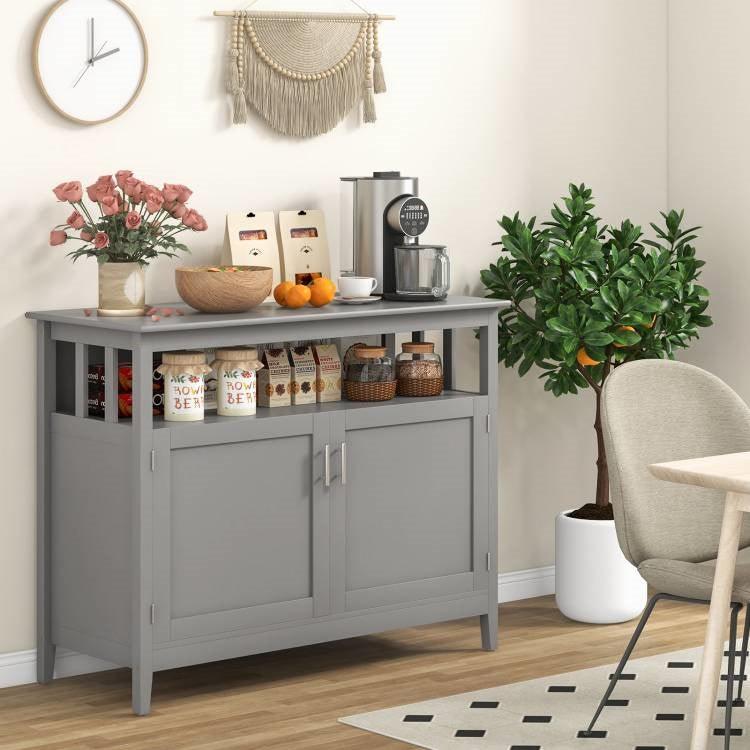 Grey Wood 2-Door Dining Buffet Sideboard Cabinet with Open Storage Shelf - PRHOMZ
