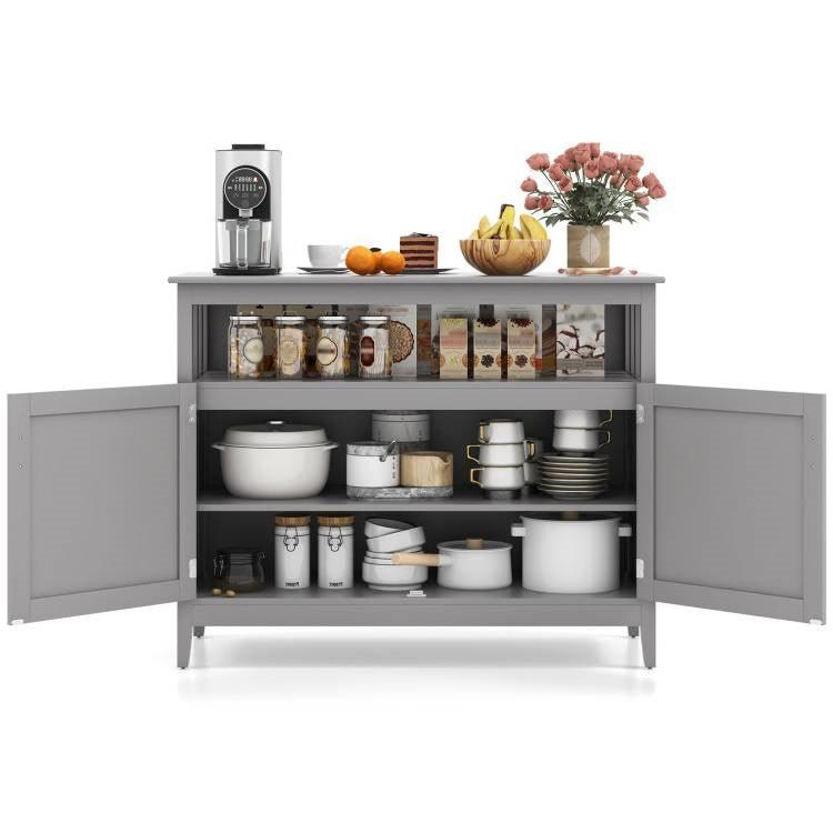 Grey Wood 2-Door Dining Buffet Sideboard Cabinet with Open Storage Shelf - PRHOMZ