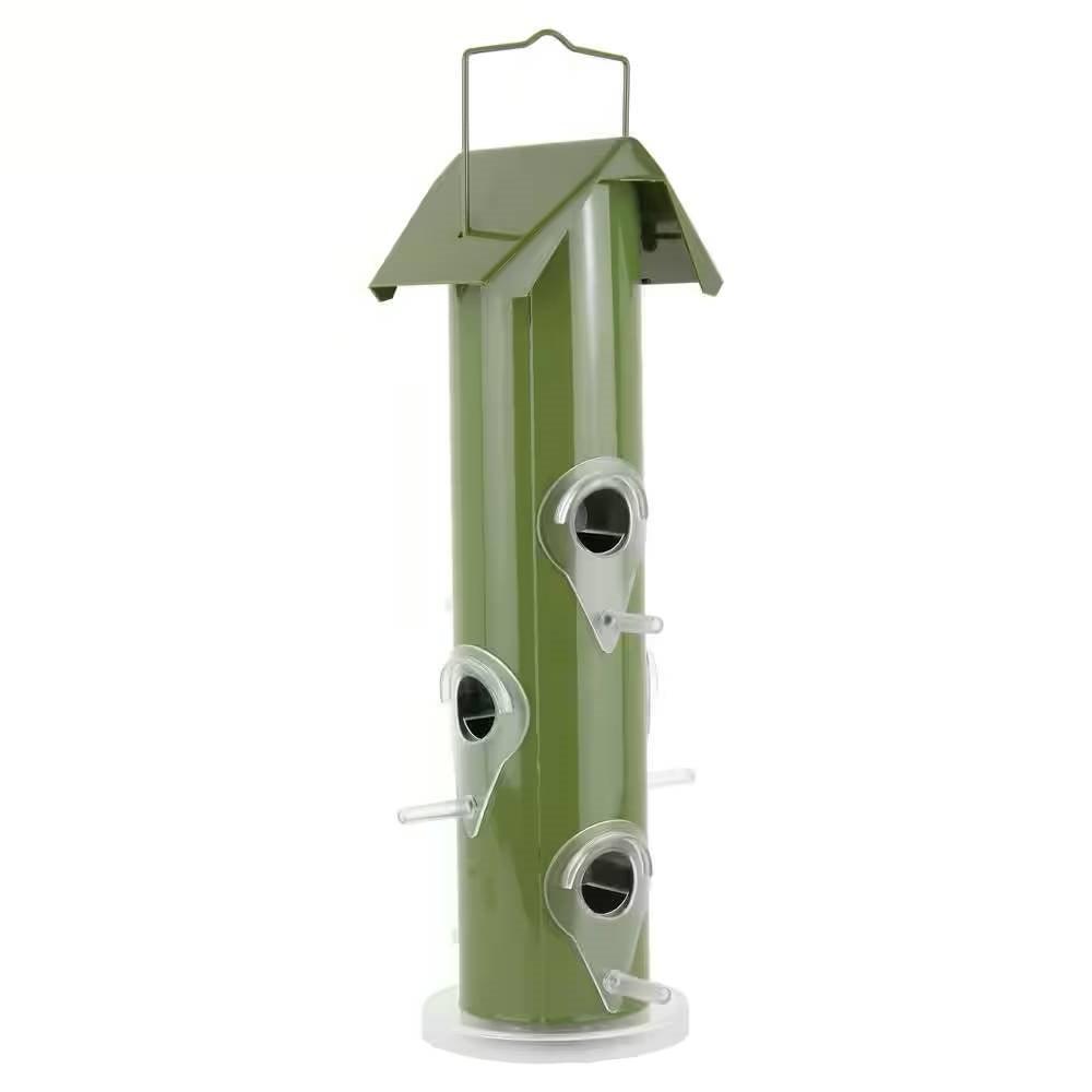 Outdoor Patio Garden 6-Perch Olive Green Metal Tube Bird Feeder - PRHOMZ