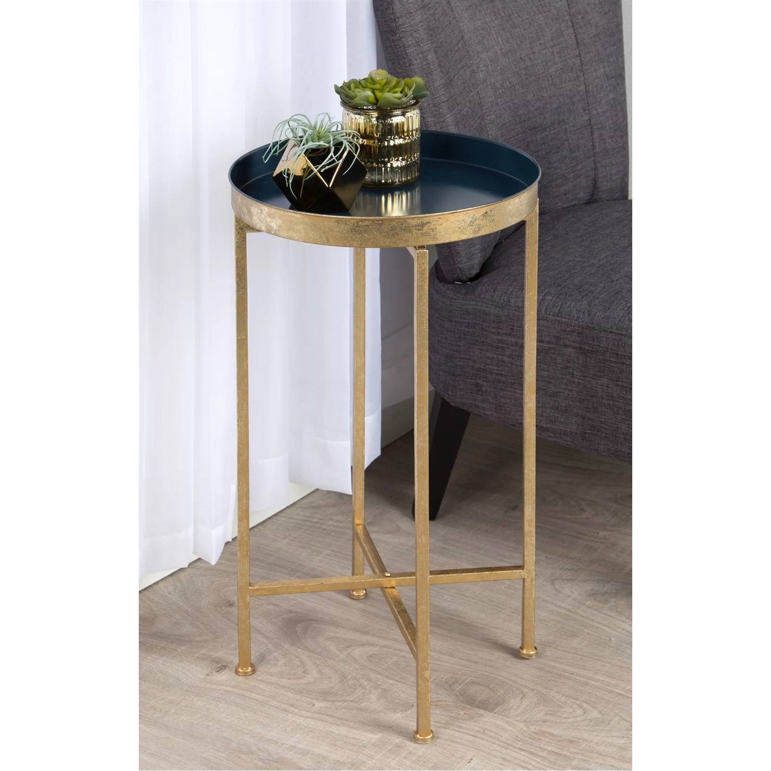 Gold Finish Metal Round End Table Nightstand with Removable Navy Blue Tray Top-0