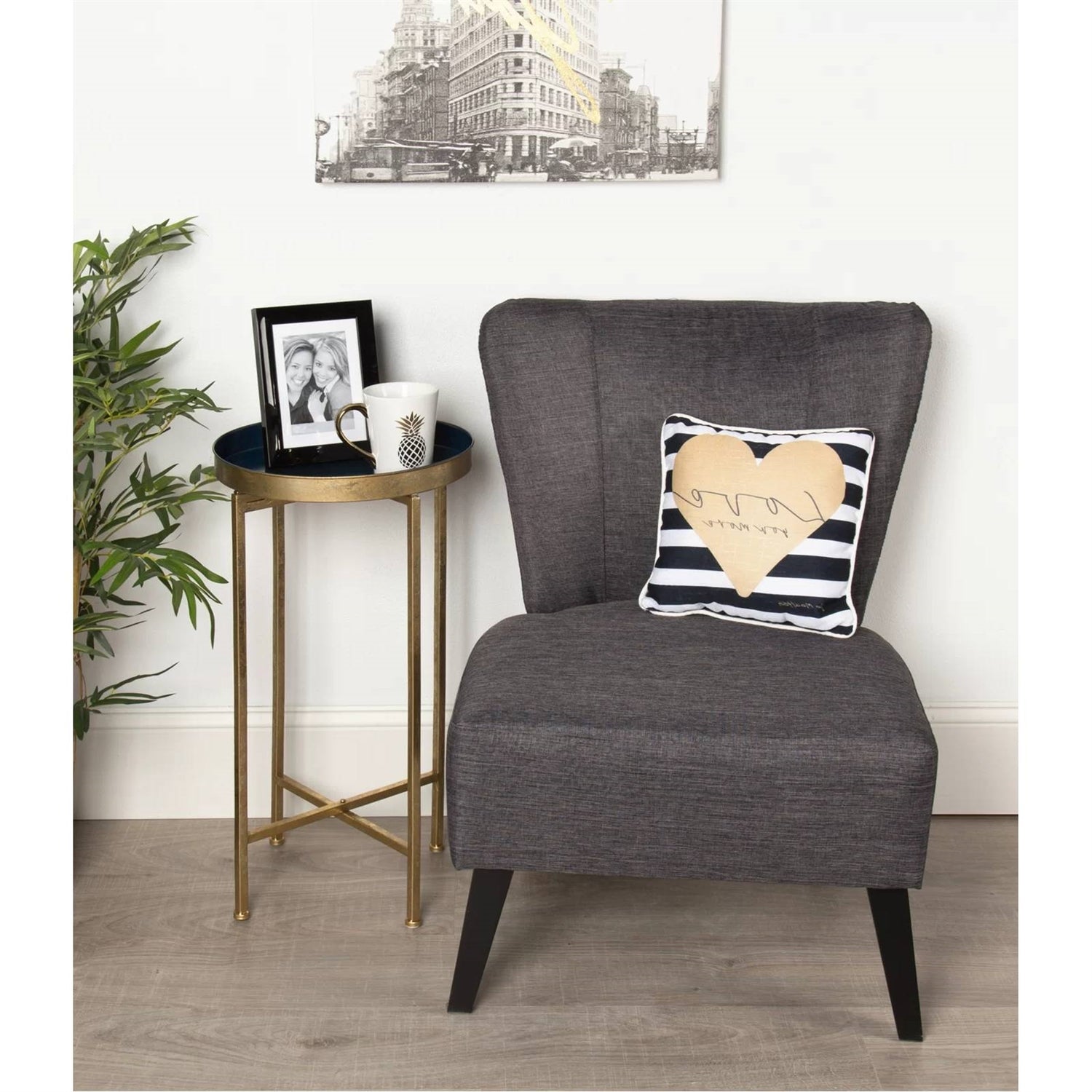 Gold Finish Metal Round End Table Nightstand with Removable Navy Blue Tray Top-1