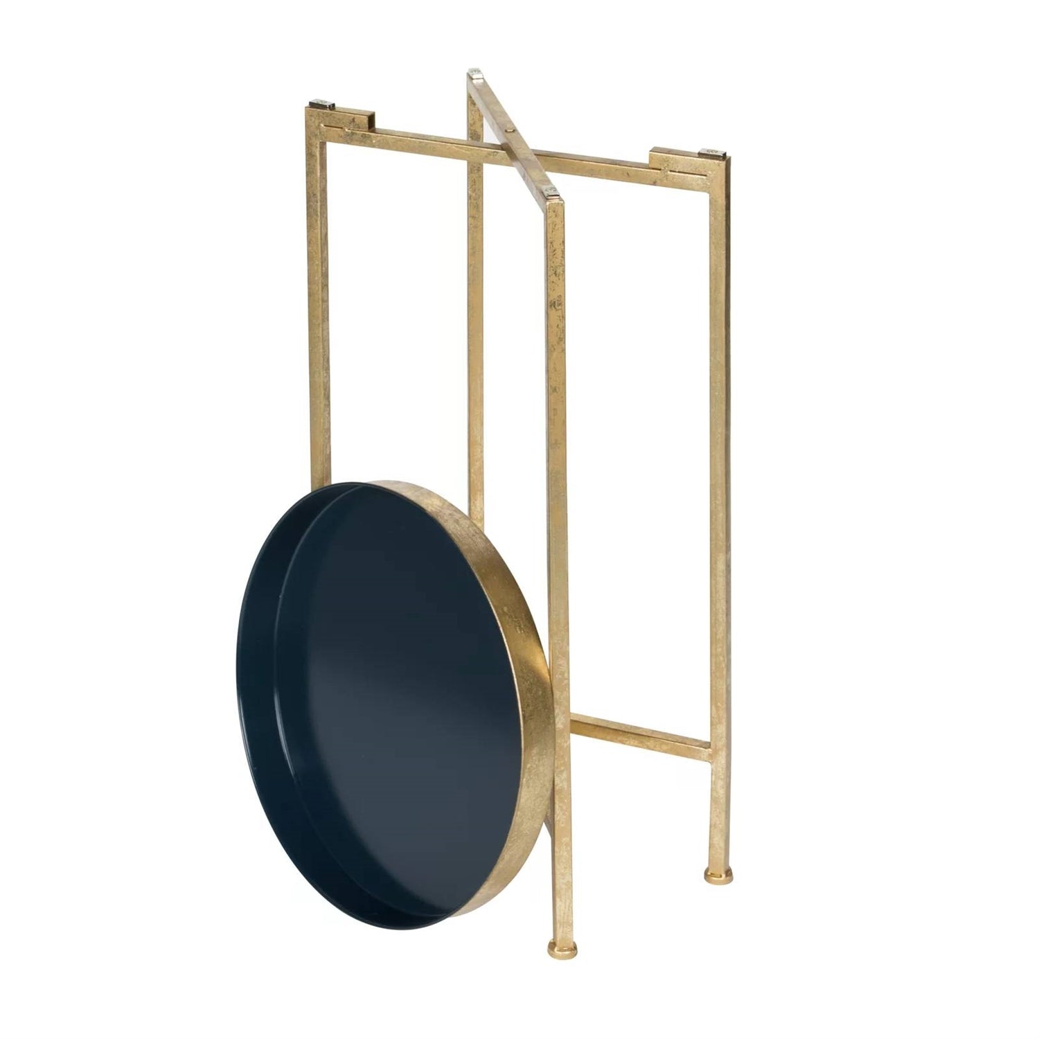 Gold Finish Metal Round End Table Nightstand with Removable Navy Blue Tray Top-3