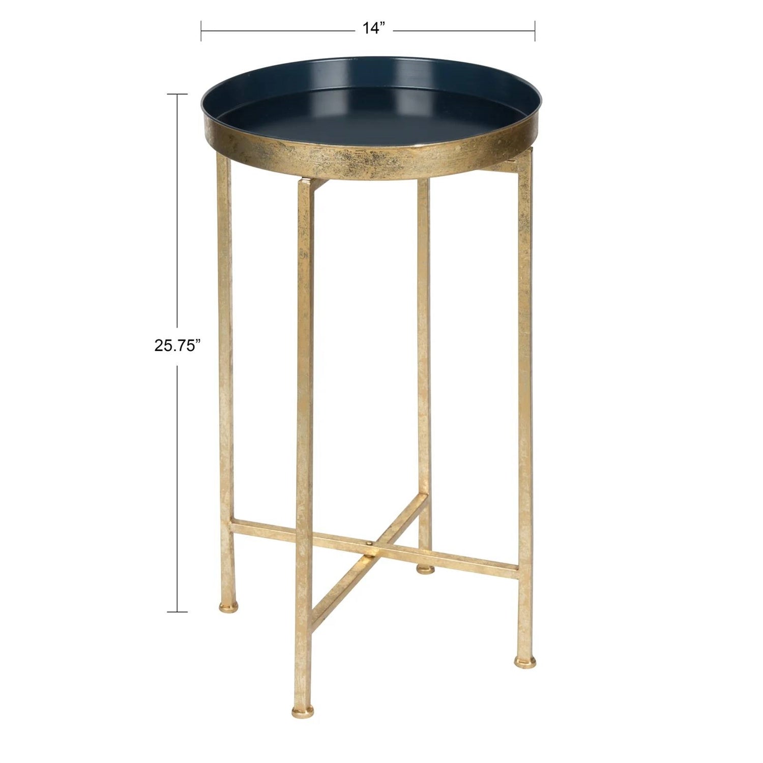 Gold Finish Metal Round End Table Nightstand with Removable Navy Blue Tray Top-4