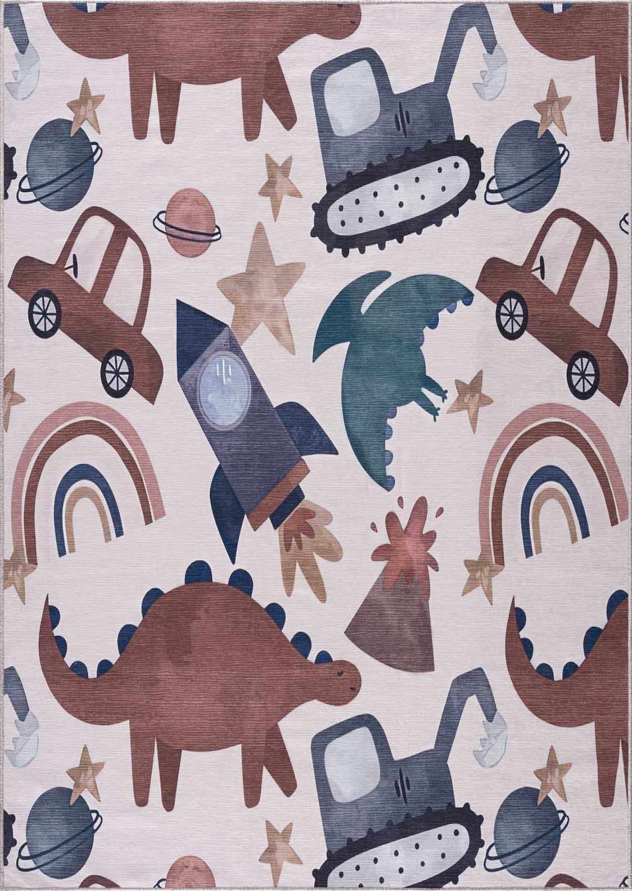 Libra Washable Kids Rug - Dinosaur rocket car rainbow-1