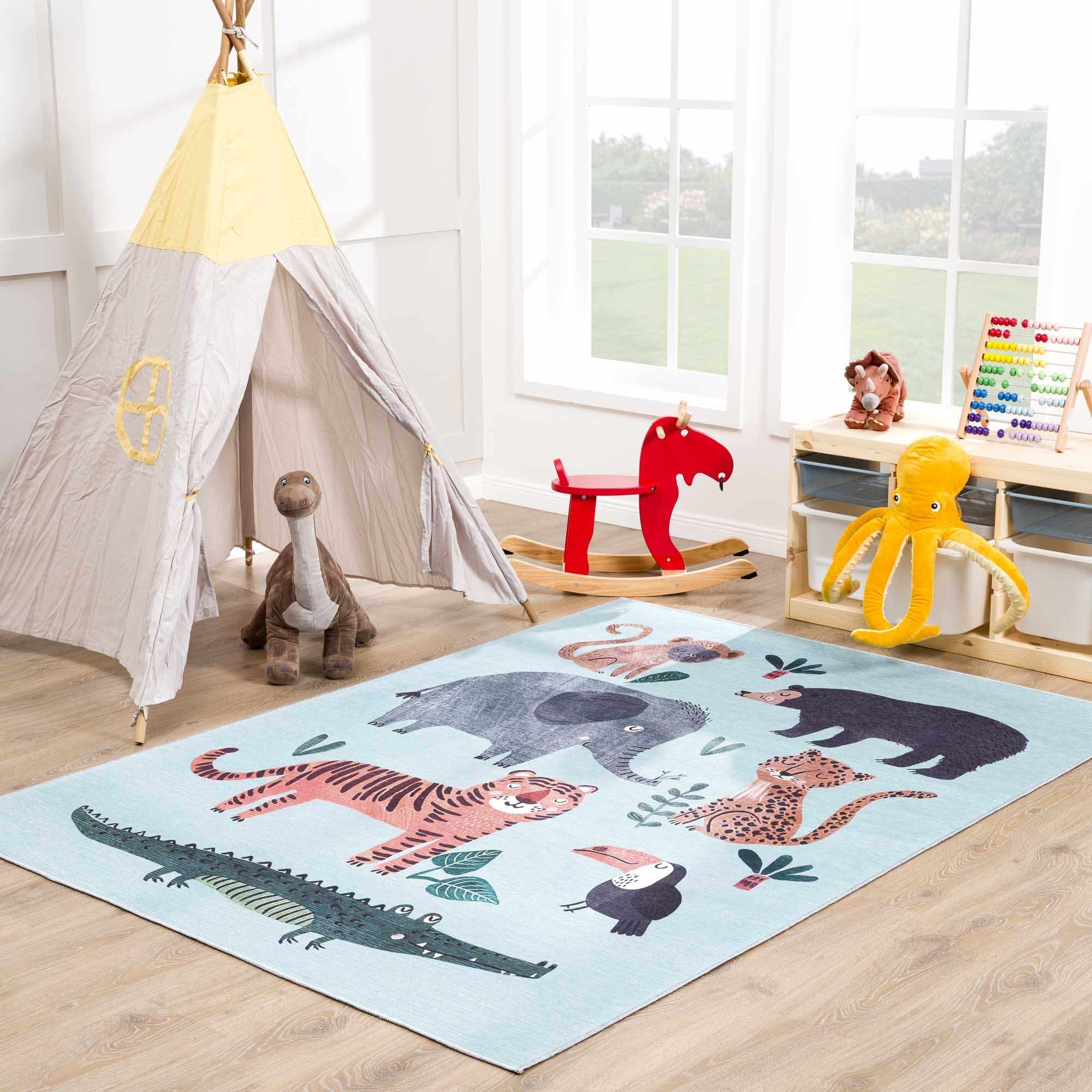 Petey Blue Animal Print Washable Kids Rug - Clearance-0