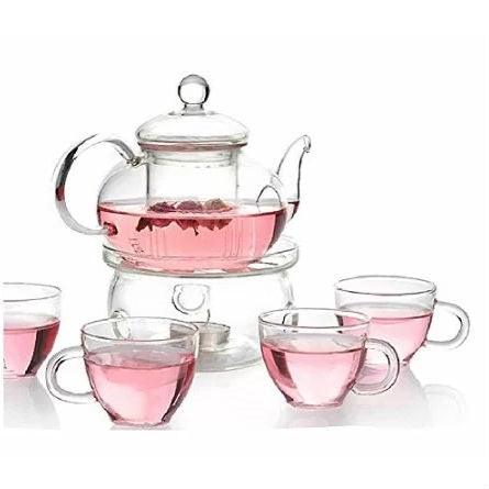6-Piece Glass Tea Pot Set with 4 Cups Teapot Warmer and Infuser - PRHOMZ