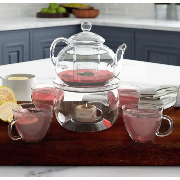 6-Piece Glass Tea Pot Set with 4 Cups Teapot Warmer and Infuser - PRHOMZ