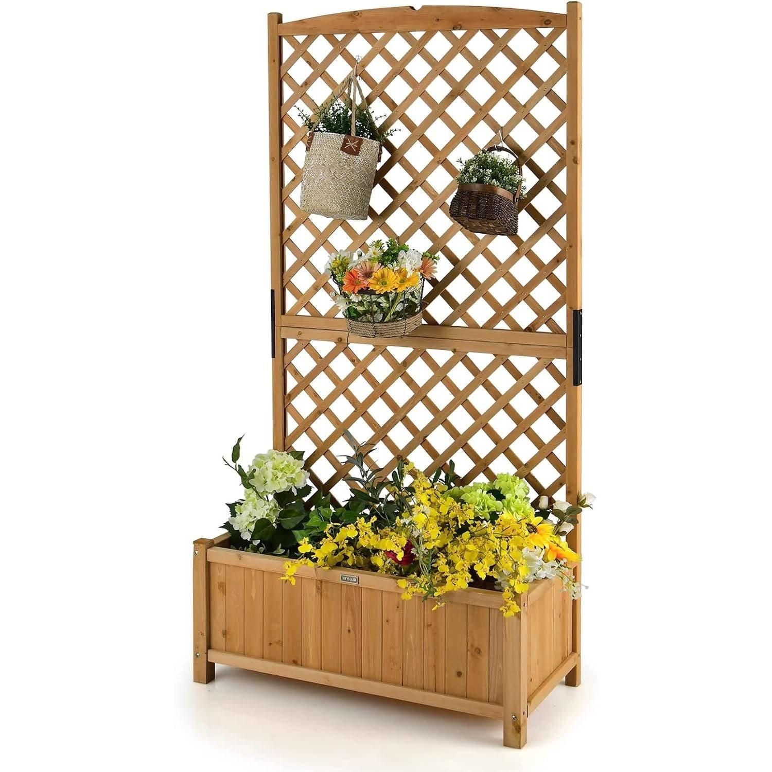 Outdoor Fir Wood Raised Garden Bed Planter Box with 71-inch High Trellis - PRHOMZ