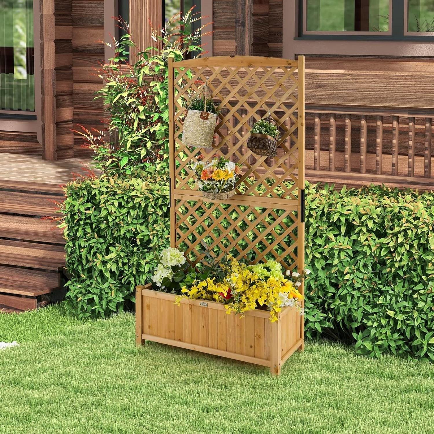 Outdoor Fir Wood Raised Garden Bed Planter Box with 71-inch High Trellis - PRHOMZ