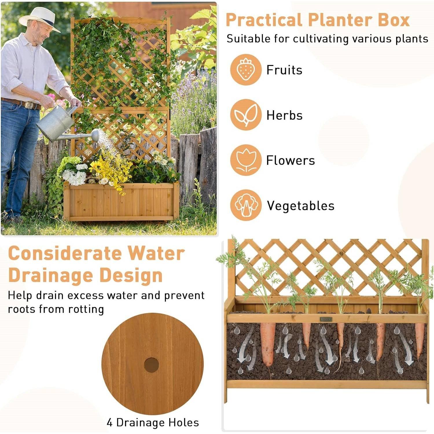 Outdoor Fir Wood Raised Garden Bed Planter Box with 71-inch High Trellis - PRHOMZ