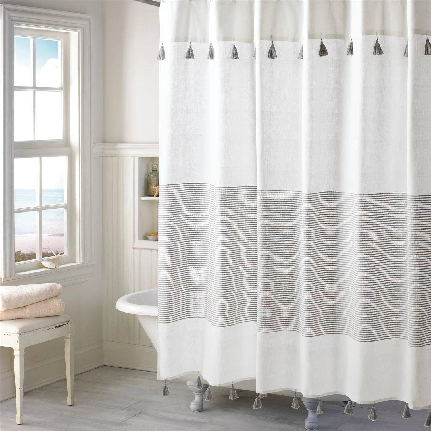 72-inch Grey and White Stripes Cotton Shower Curtain with Tassels - PRHOMZ